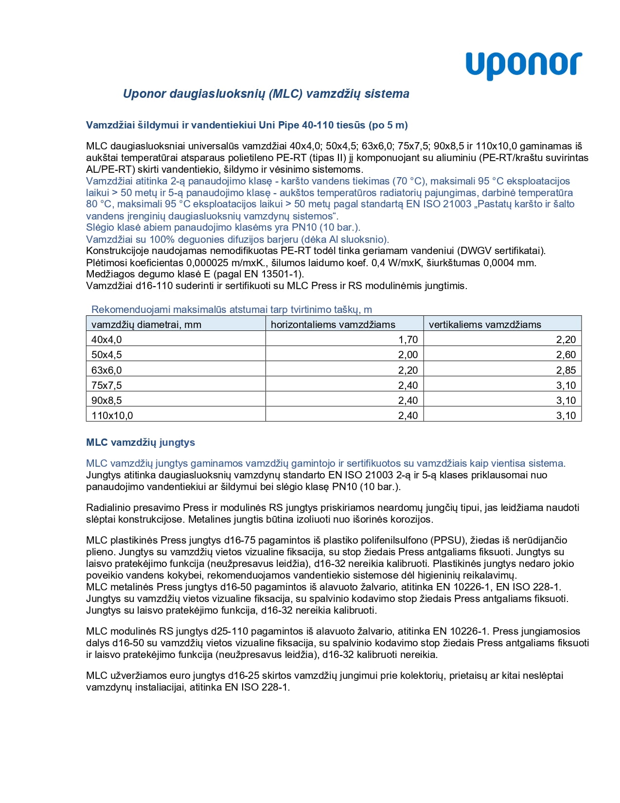 Uponor MLC daugiasluoksnių vamzdžių sistema
