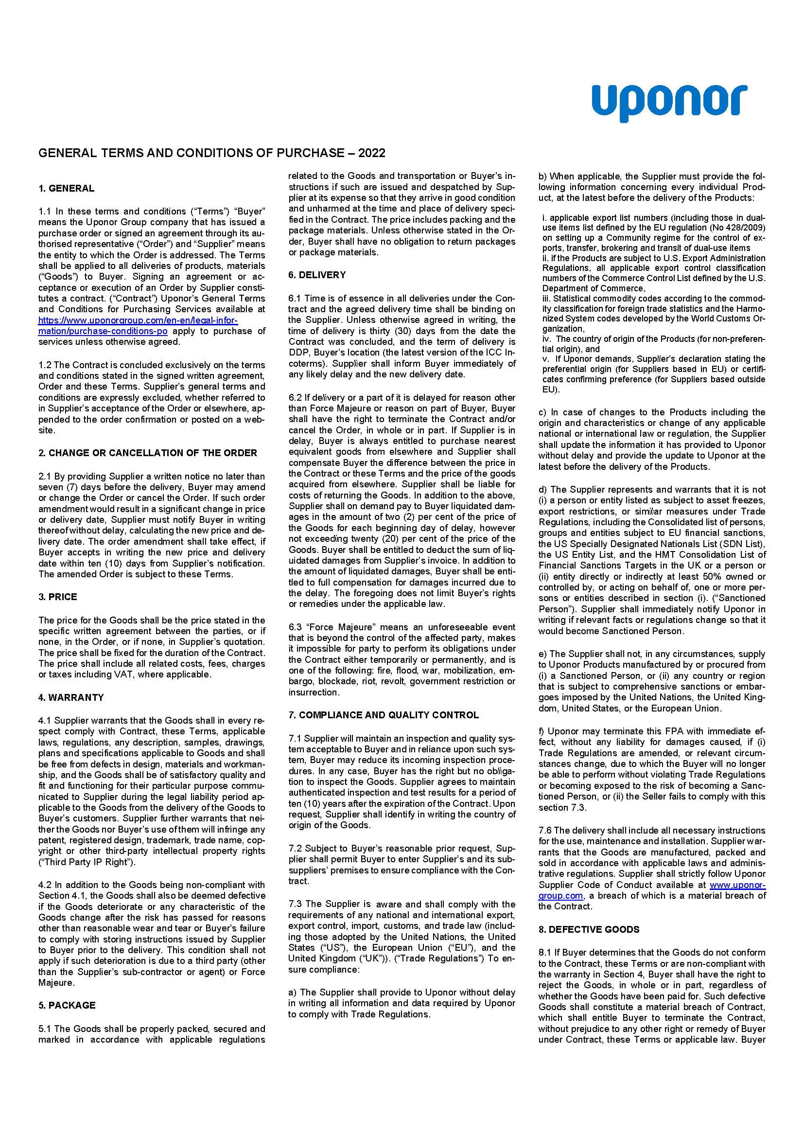 Uponor General Terms and Conditions of Purchase from 2022
