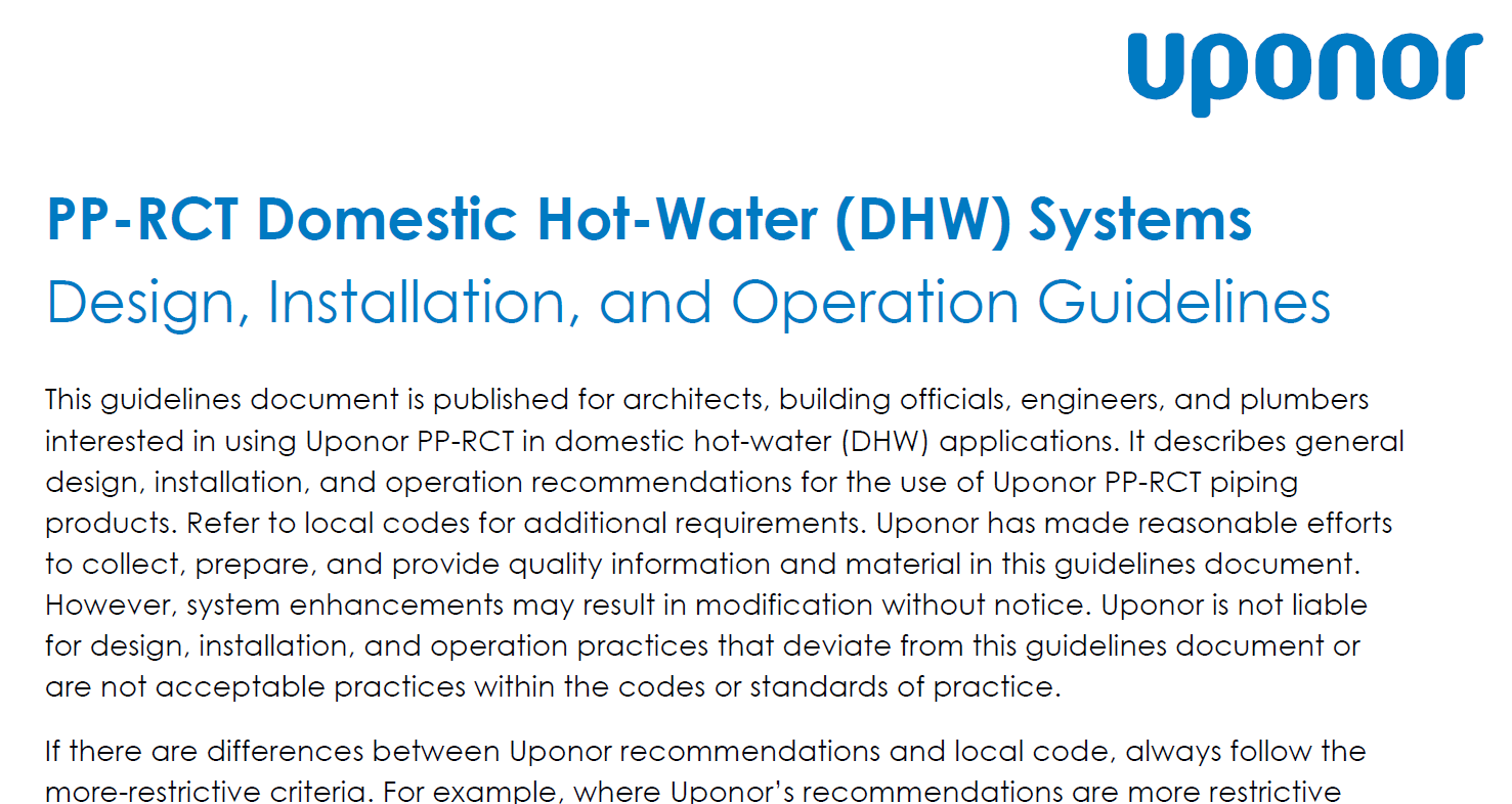 PP-RCT Domestic Hot-Water (DHW) Systems Design, Installation, and Operation Guidelines