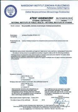 Hygienic certificate PZH BK W 455 01 2018