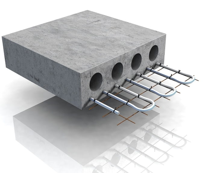 diagram showing the thermal coupling of radiant cooling system pipes and existing building concrete mass