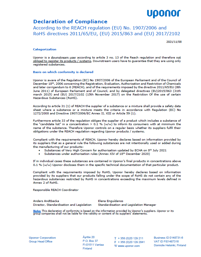 REACH Declaration of Compliance