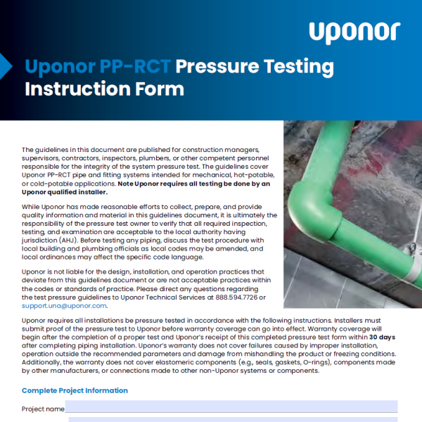 PP-RCT Pressure Testing Instruction Form