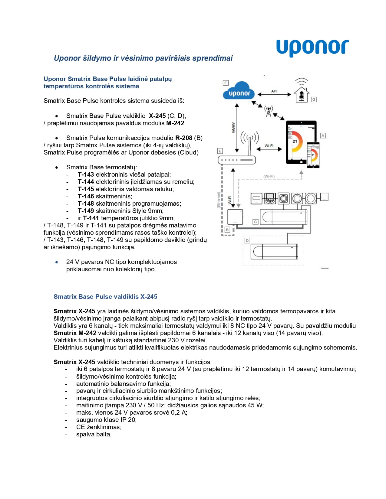 Uponor šildymo ir vėsinimo paviršiais sprendimai su Uponor Smatrix Base Pulse laidine patalpų temperatūros kontrolės sistema
